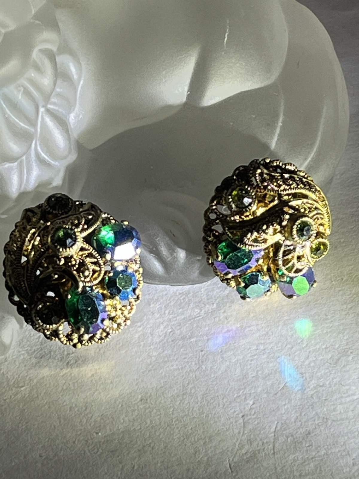 Blue Green Tones Clip On Rhinestone Earrings Aurora Borealis Finish GERMANY