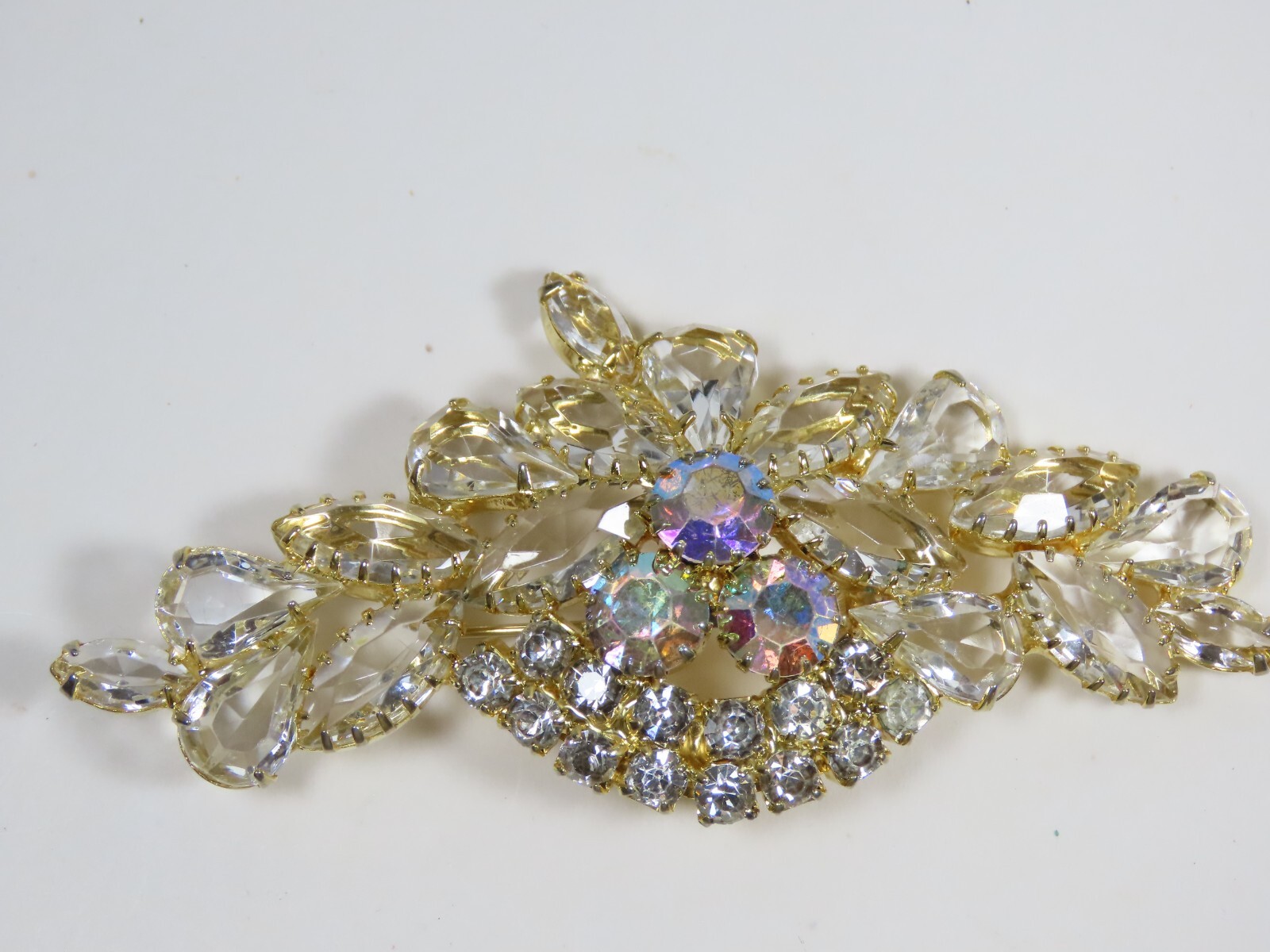 AB Rhinestone Brooch Pin VTG Clear Crystal Cluster Spray Prong Stunning D1580