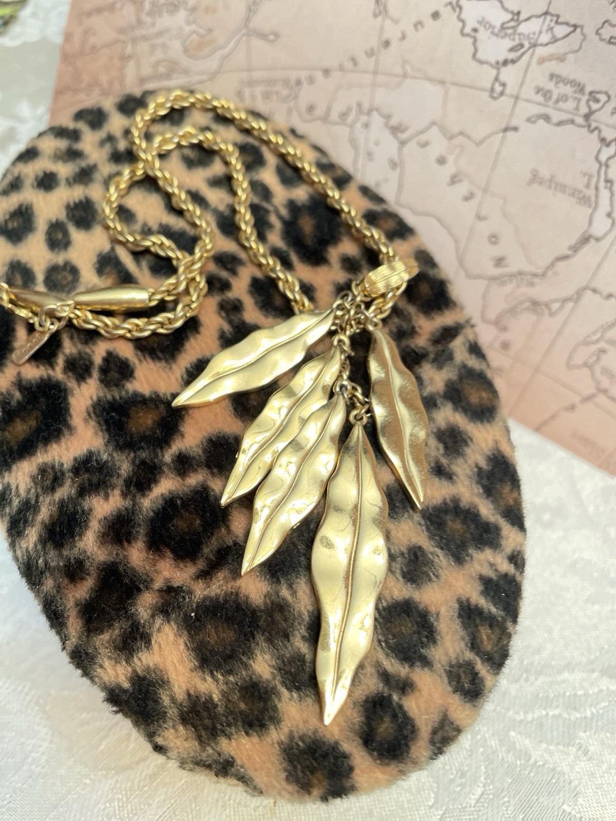 Vintage Monet Golden Leaves Articulated Pendant Dangles Shiny & Textured 17″ L