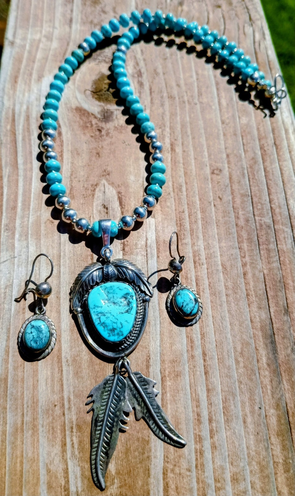 NAVAJO ELLA COWBOY TURQUOISE STERLING SILVER FEATHER NECKLACE EARRINGS 39.5 Gr