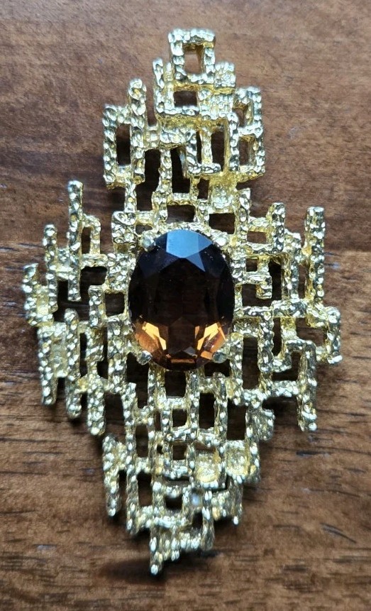 RARE PANETTA Brutalist Gold Brooch Pendant Smoky Quartz 1960s Beneditto Panetta