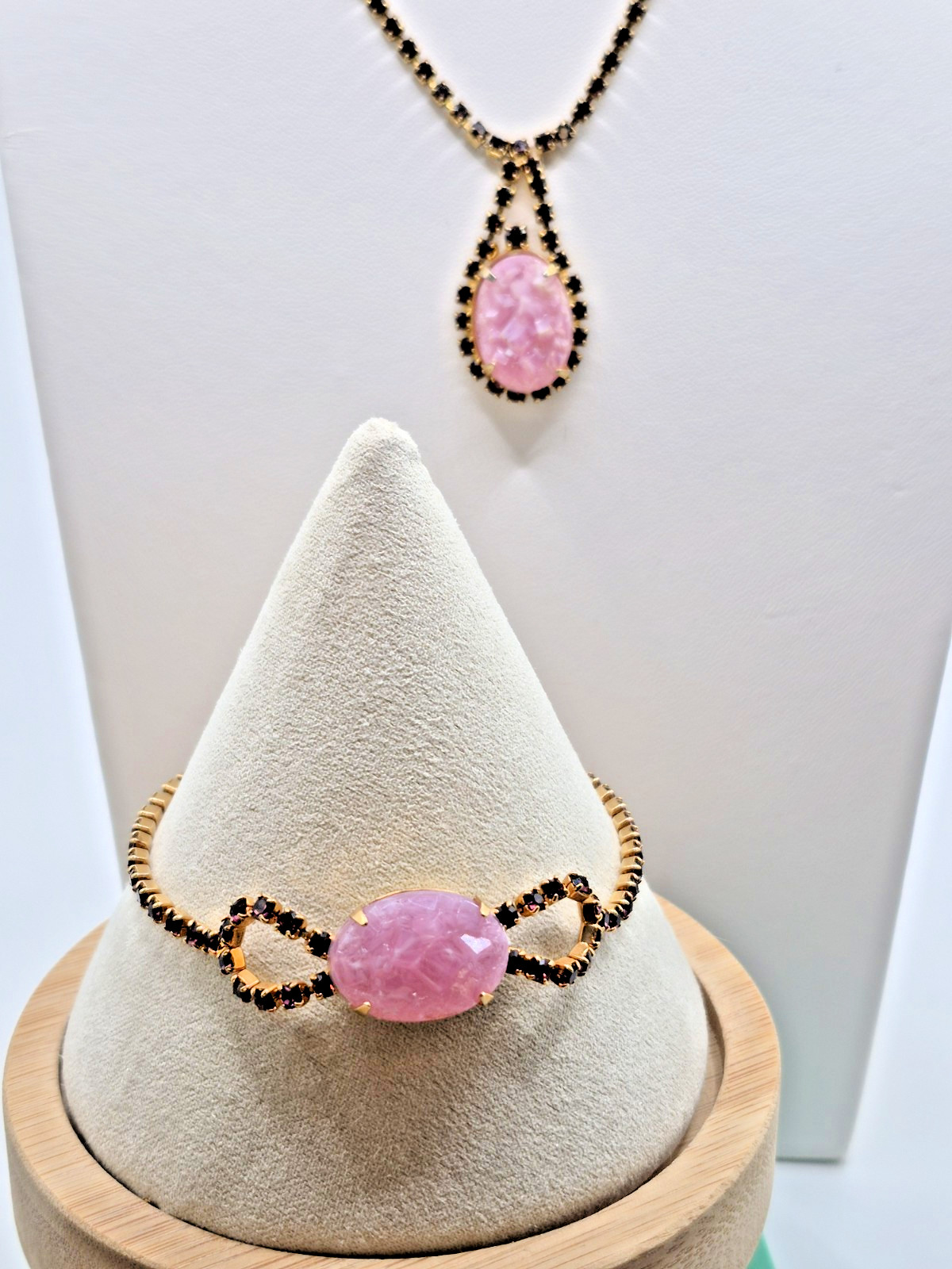 VTG CELEBRITY NY Necklace Bracelet Pink Geode/Pink Druzy w/ Purple Rhinestones