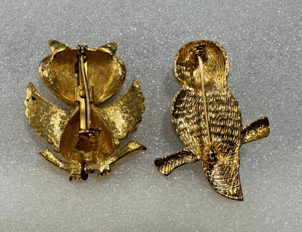 Lot of 4 Vtg Owl Bird Pins Brooches Rhinestones Mixed Metals Articulated Jonette