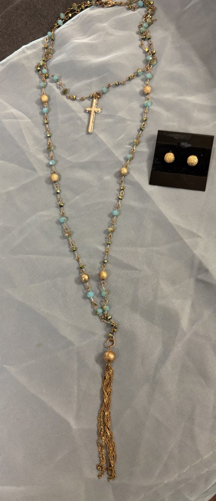 Vintage Rosary Style Choker Necklace 20” Blue Crystal + Gold Stardust Earrings