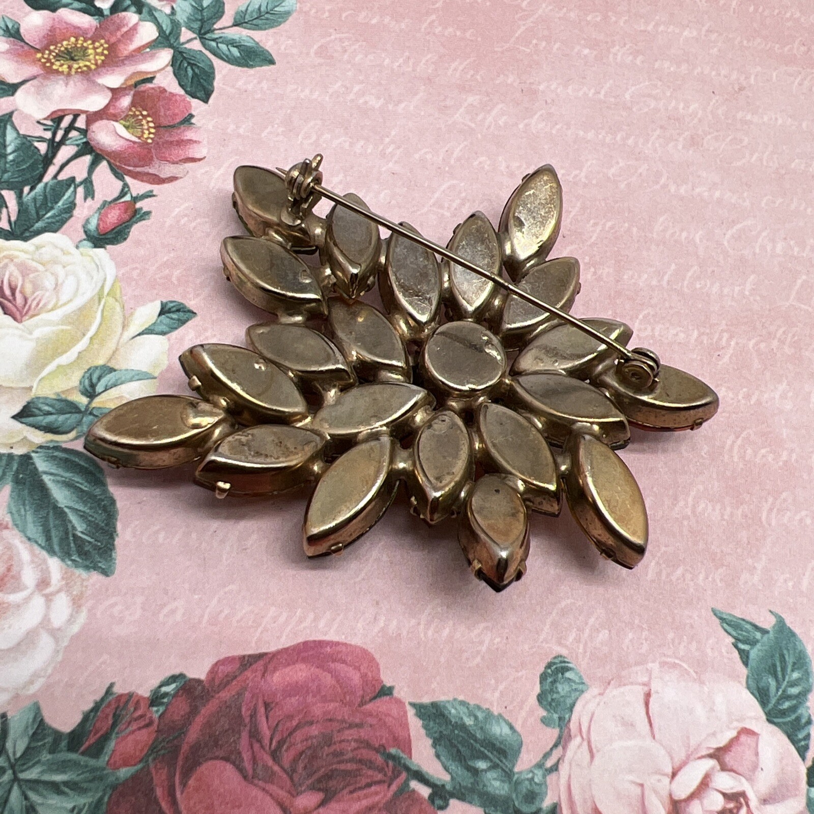 Vintage Beautiful fall colors brown orange yellow green Rhinestone brooch pin