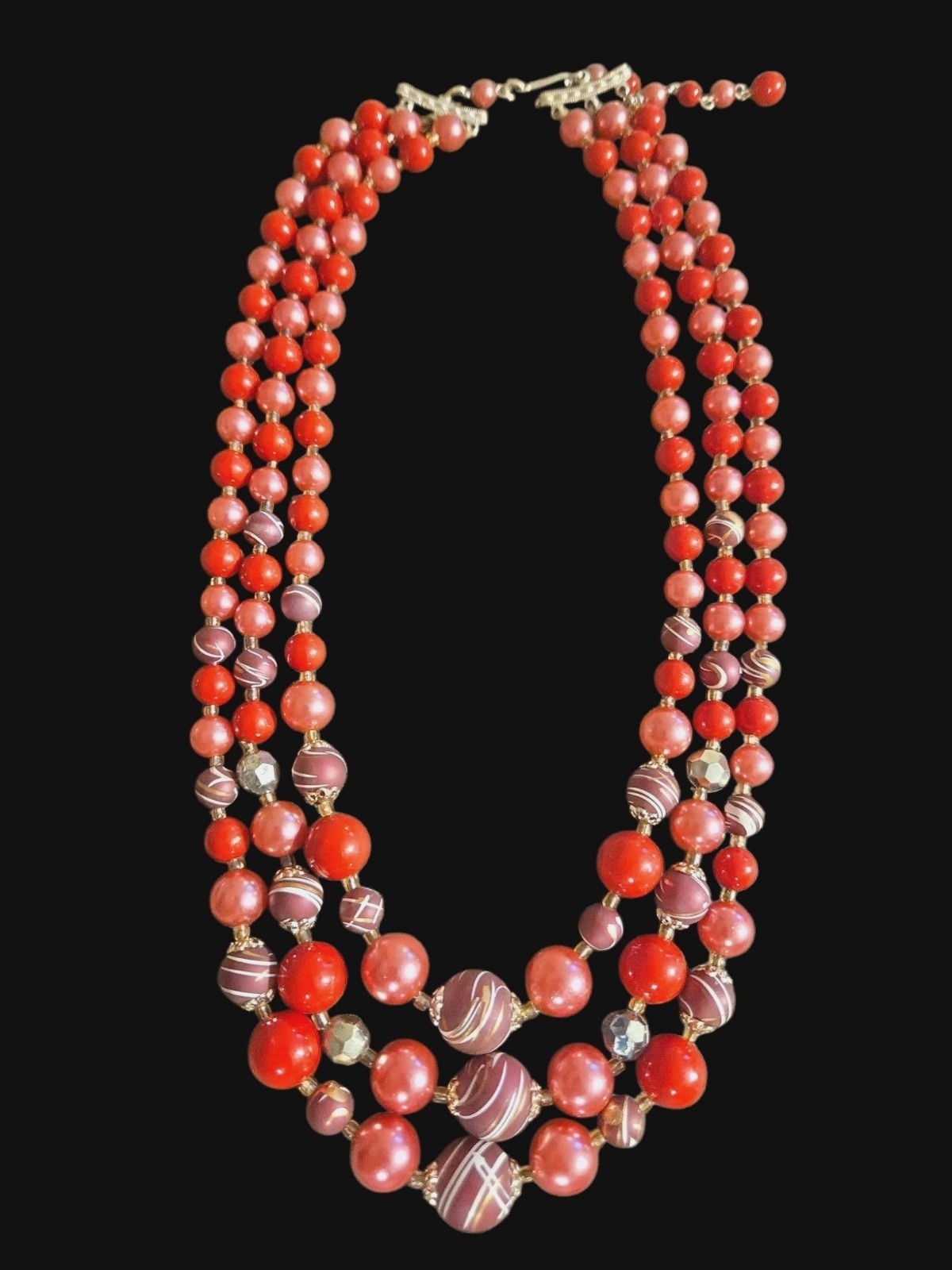 1950’s Japan 3 Strand 21″ Graduated Lucite Beads Necklace Red Purple Pink Signed