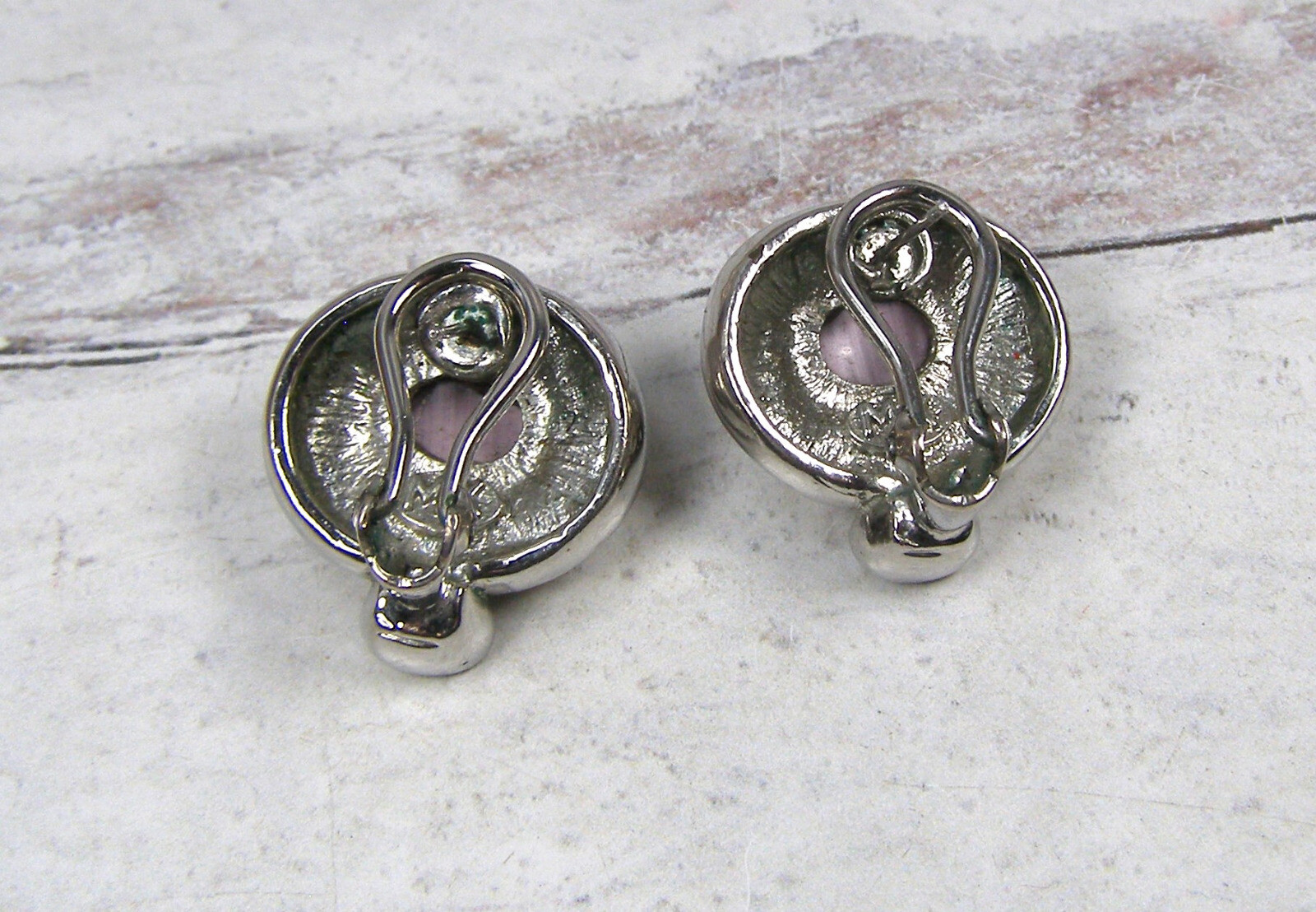 Vintage MX Silver Gold Tone Purple Cat Tigers Eye Piereced Earrings Rhinestone