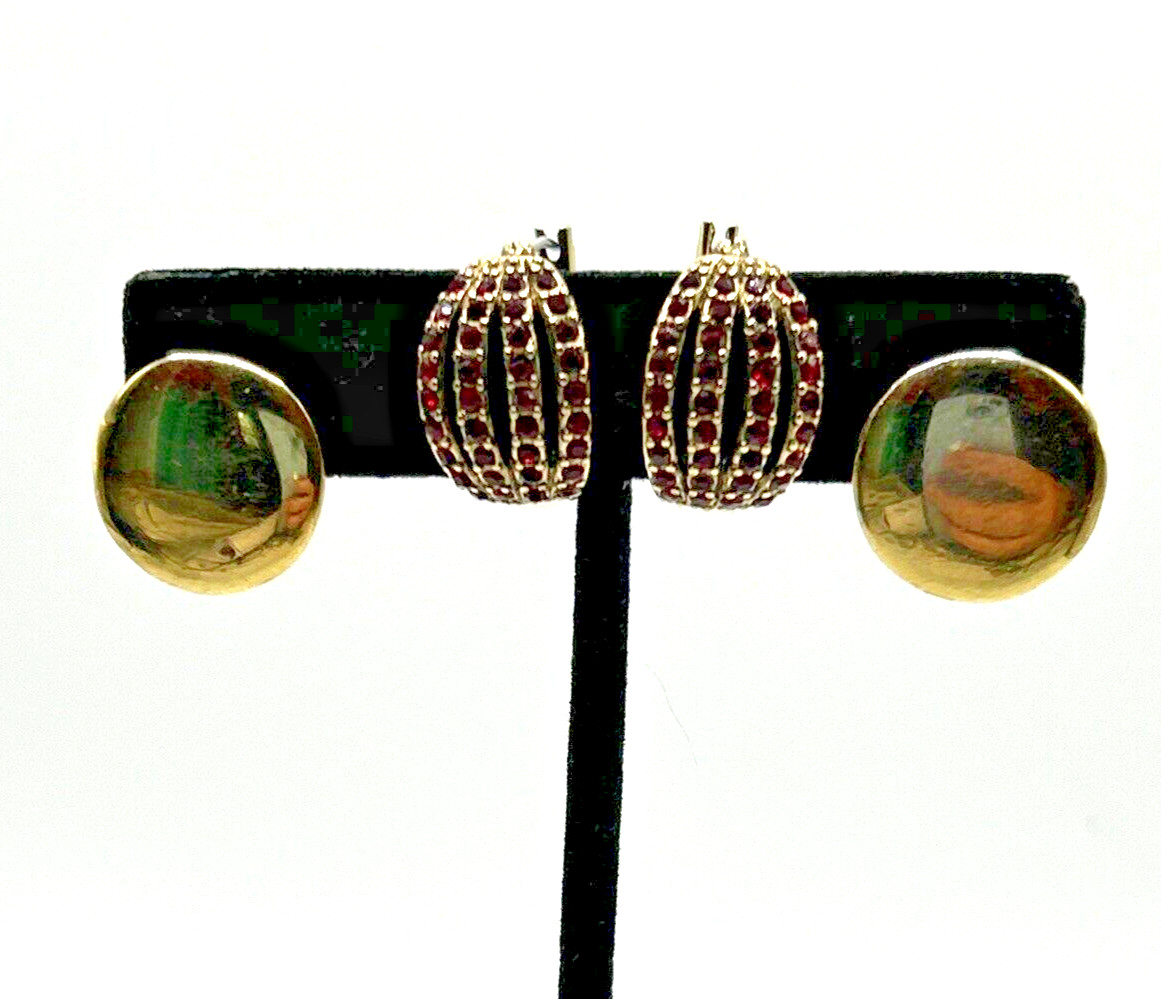 Vintage Monet Gold Plated Disc Earrings Red Crystal Post Earrings Pre/Post 1950