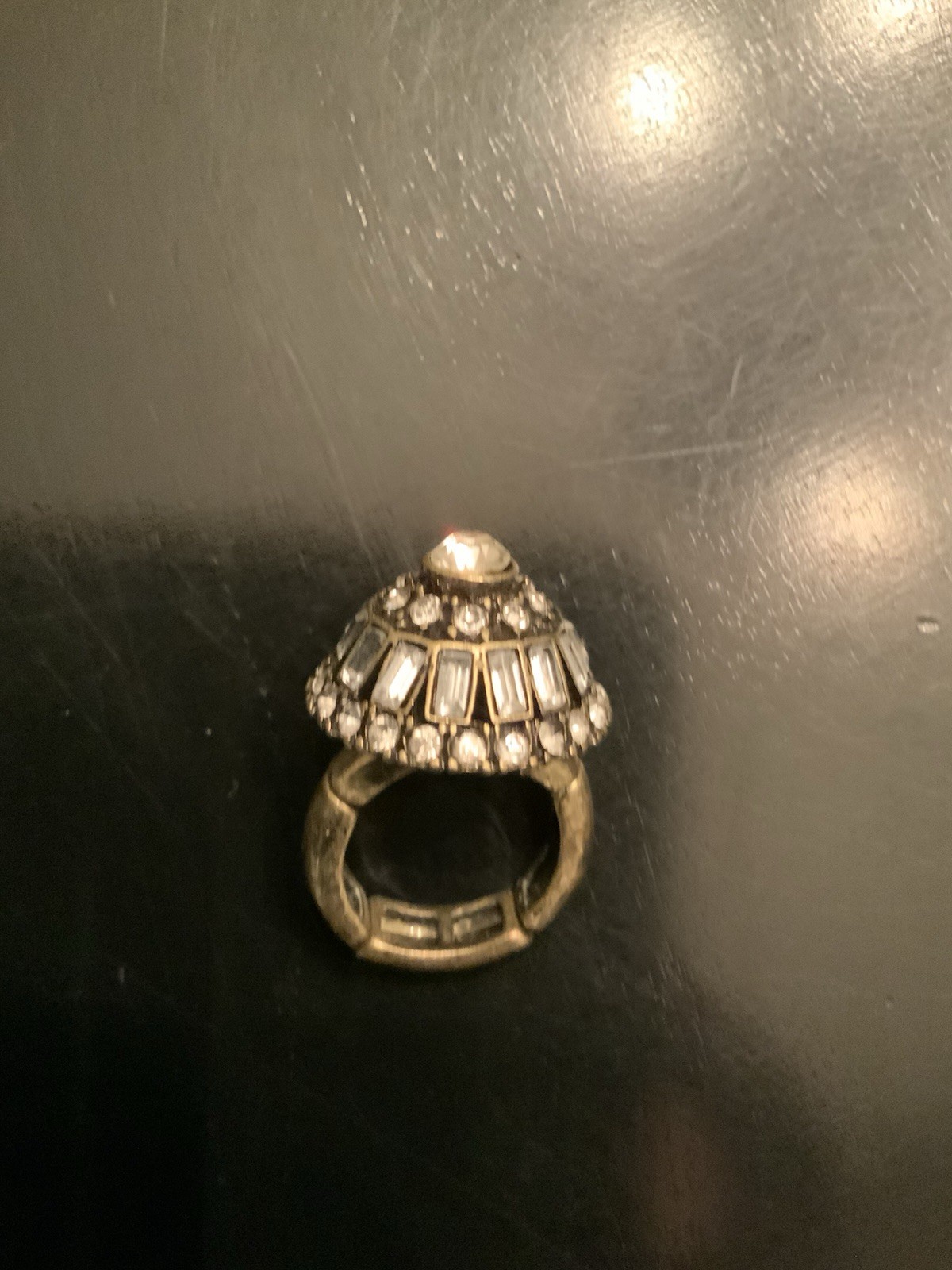Gold Tone Rhinestone Dome Ring Stretch Tubular Band Fits Various Sizes Boho