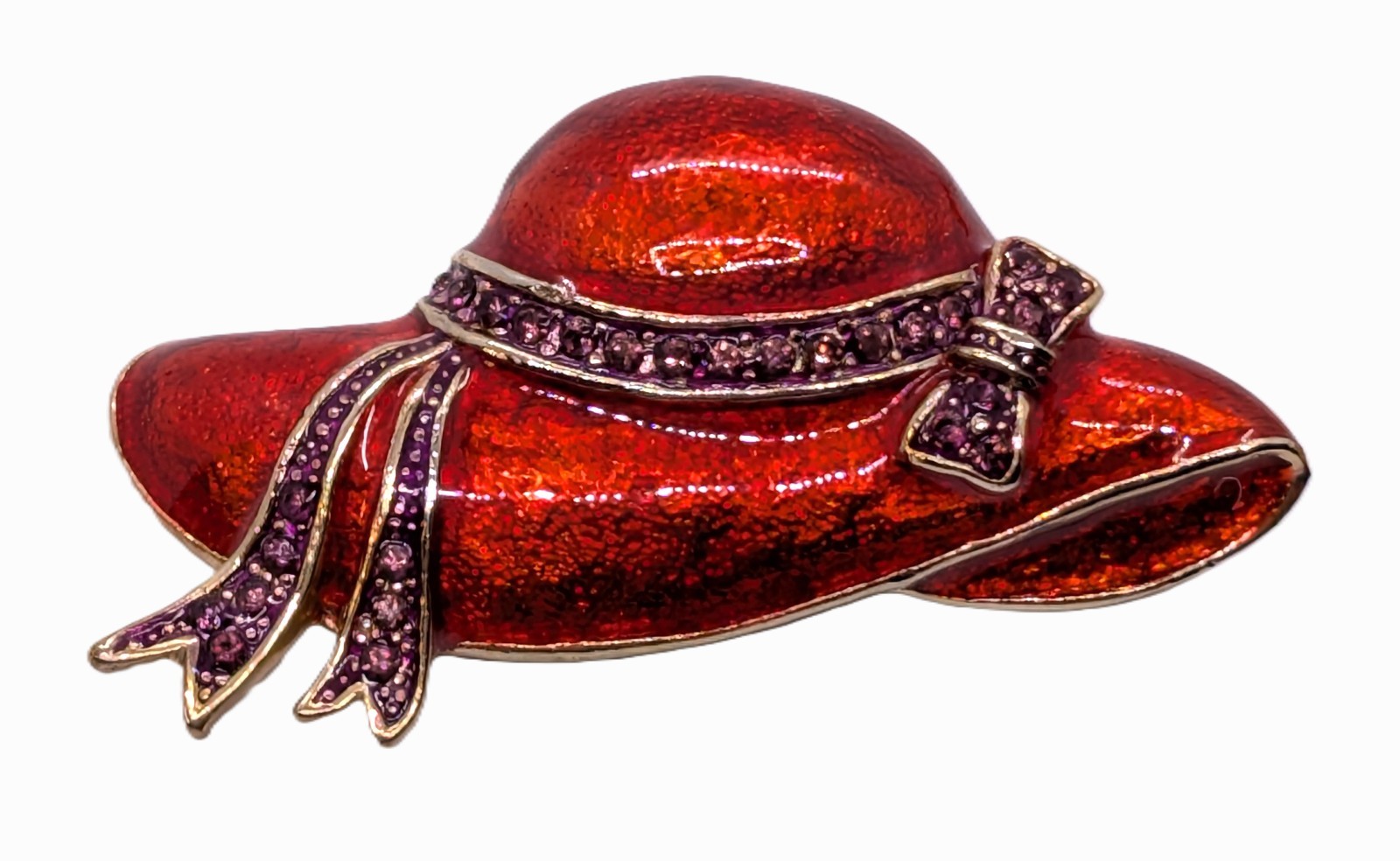 Vintage Red Hat Society Set of Two Red Enamel Purple Rhinestone Ribbon Brooches