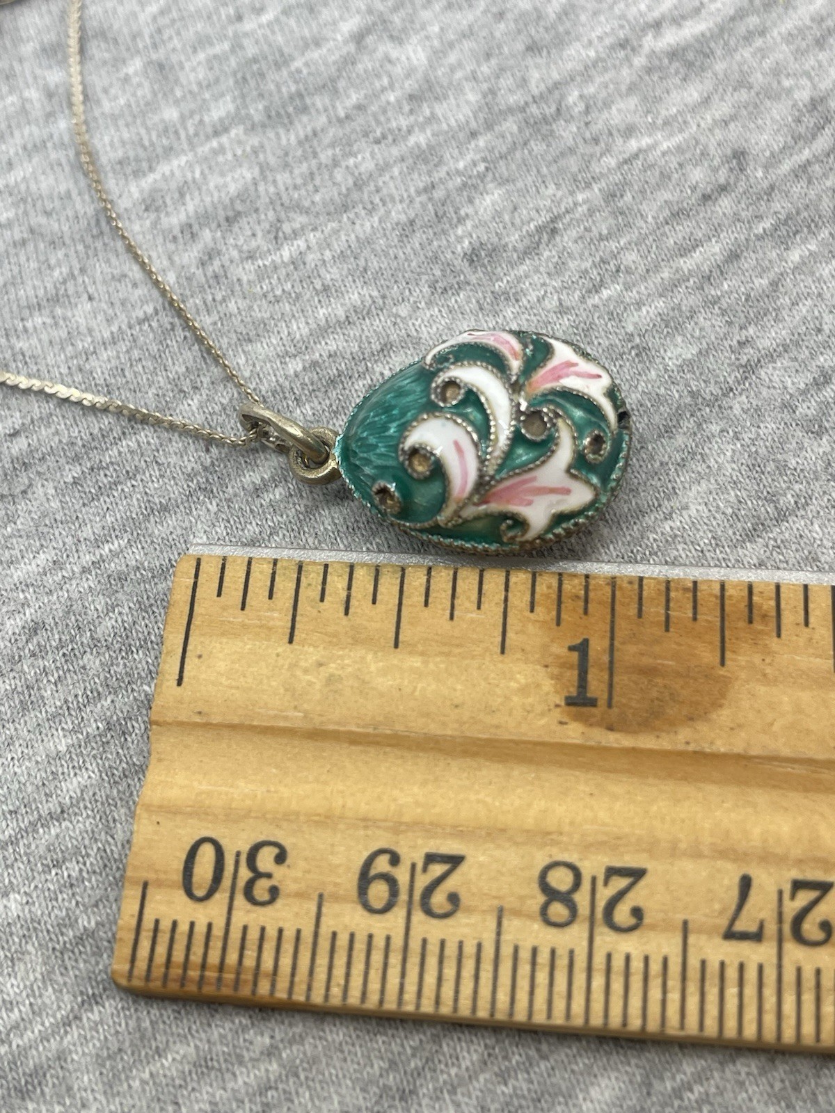 Vtg Sterling Silver 980 Cloisonne Lilies Enamel Russian Egg Pendant Chain