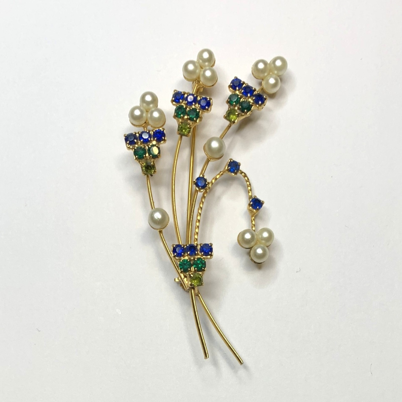 Vintage Blue & Green Rhinestone Faux Pearl Flower Bouquet Brooch Gold Tone