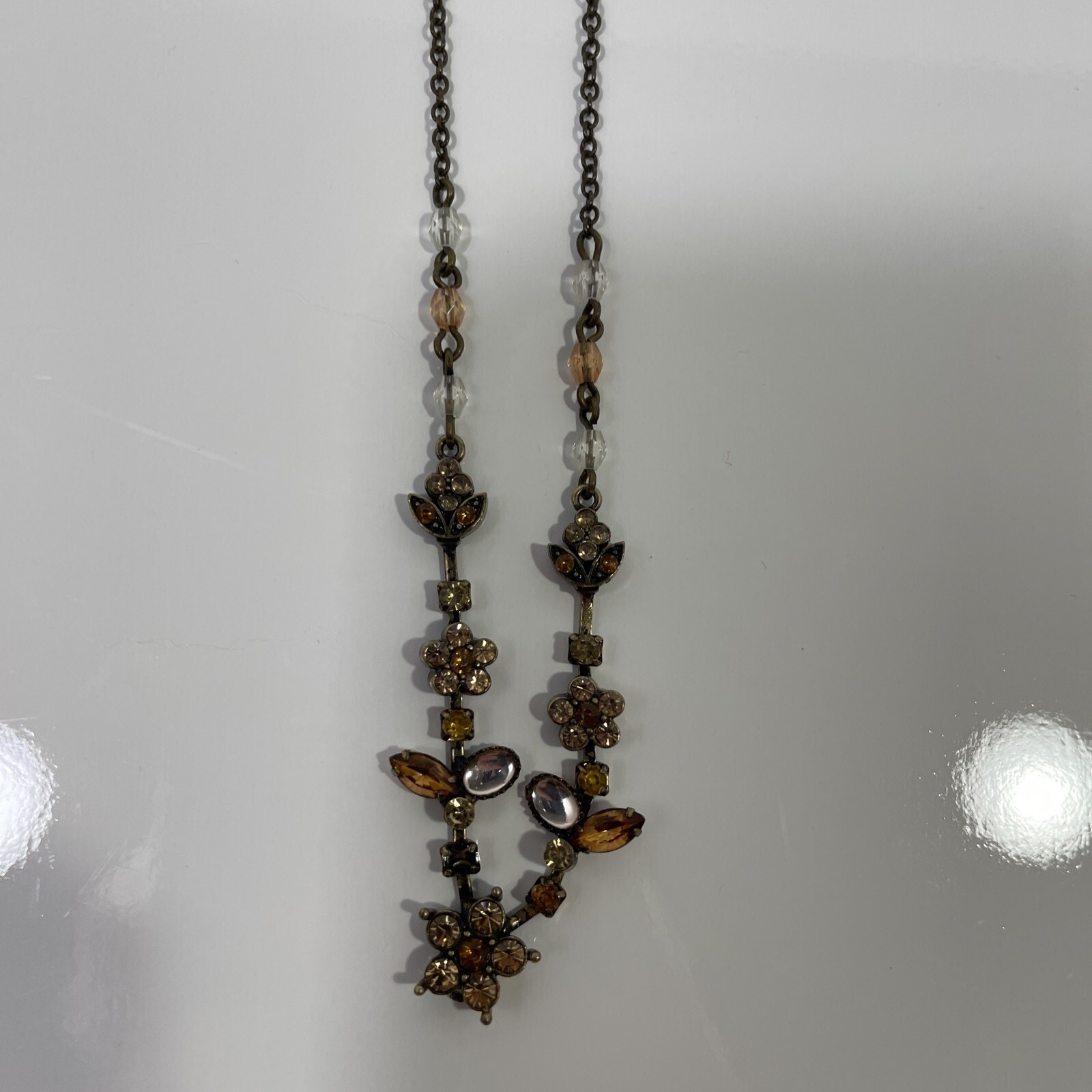Antiqued Avon brass & topaz rhinestone Flower leaves necklace