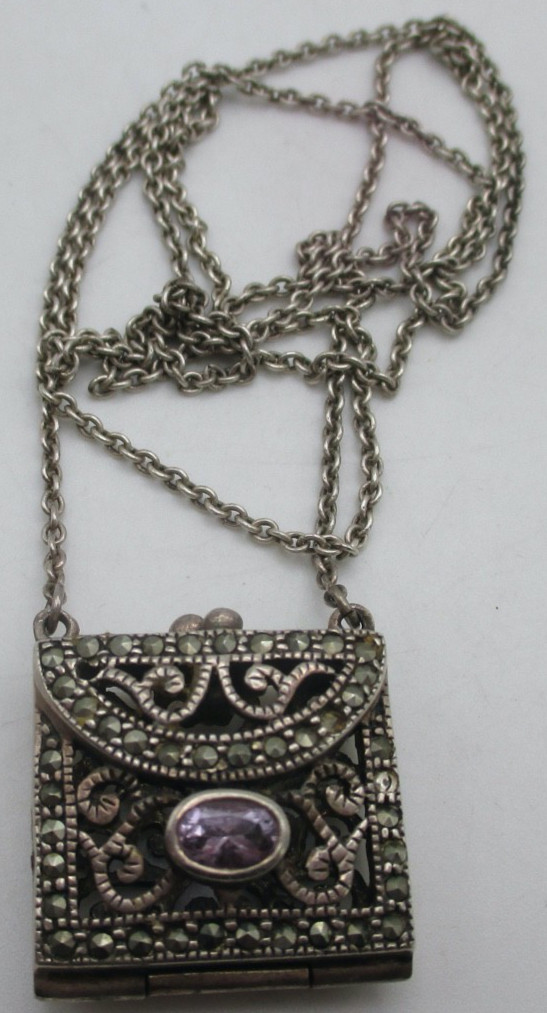 VTG Sterling Bali Scroll Amethyst Marcasite (2 missing) Purse Locket Necklace
