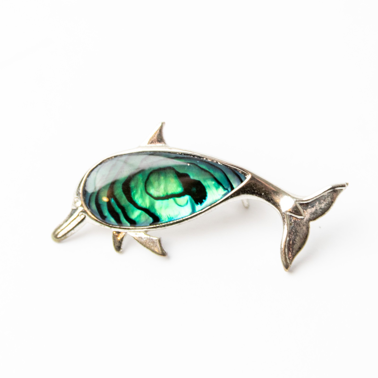 VTG New Zealand Paua Shell Dolphin Brooch Palladium Plate Abalone Jewelry 2″