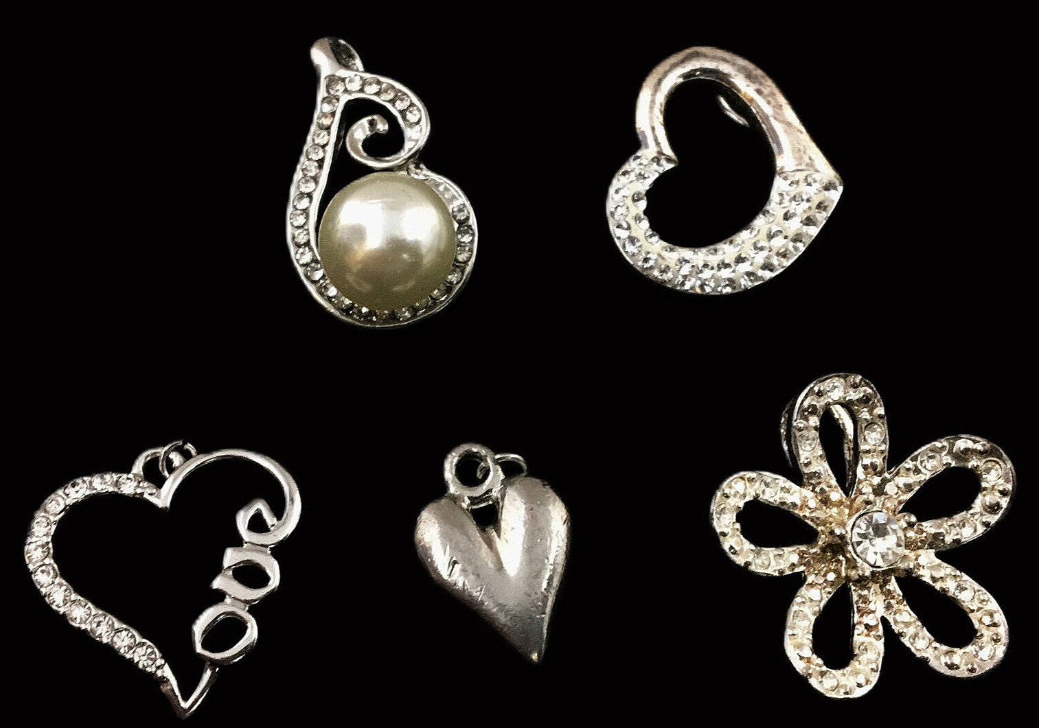 Lot of 5 Vintage SilverTone Pendants Faux Pearl Rhinestone Love Hearts Flower