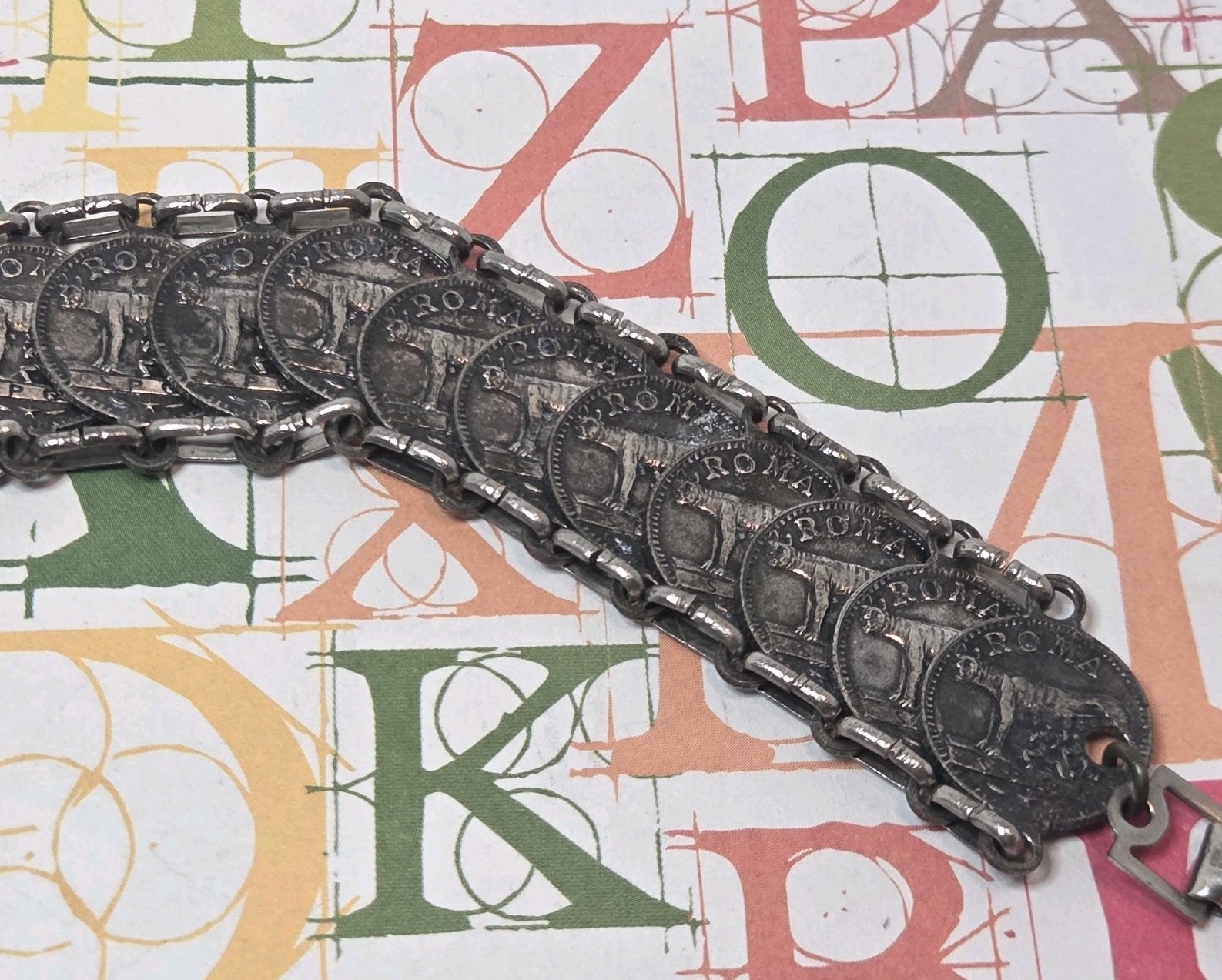Vtg Roma Italian Coin Souvenir Bracelet Mid Century RomulusRemus St Peters Italy
