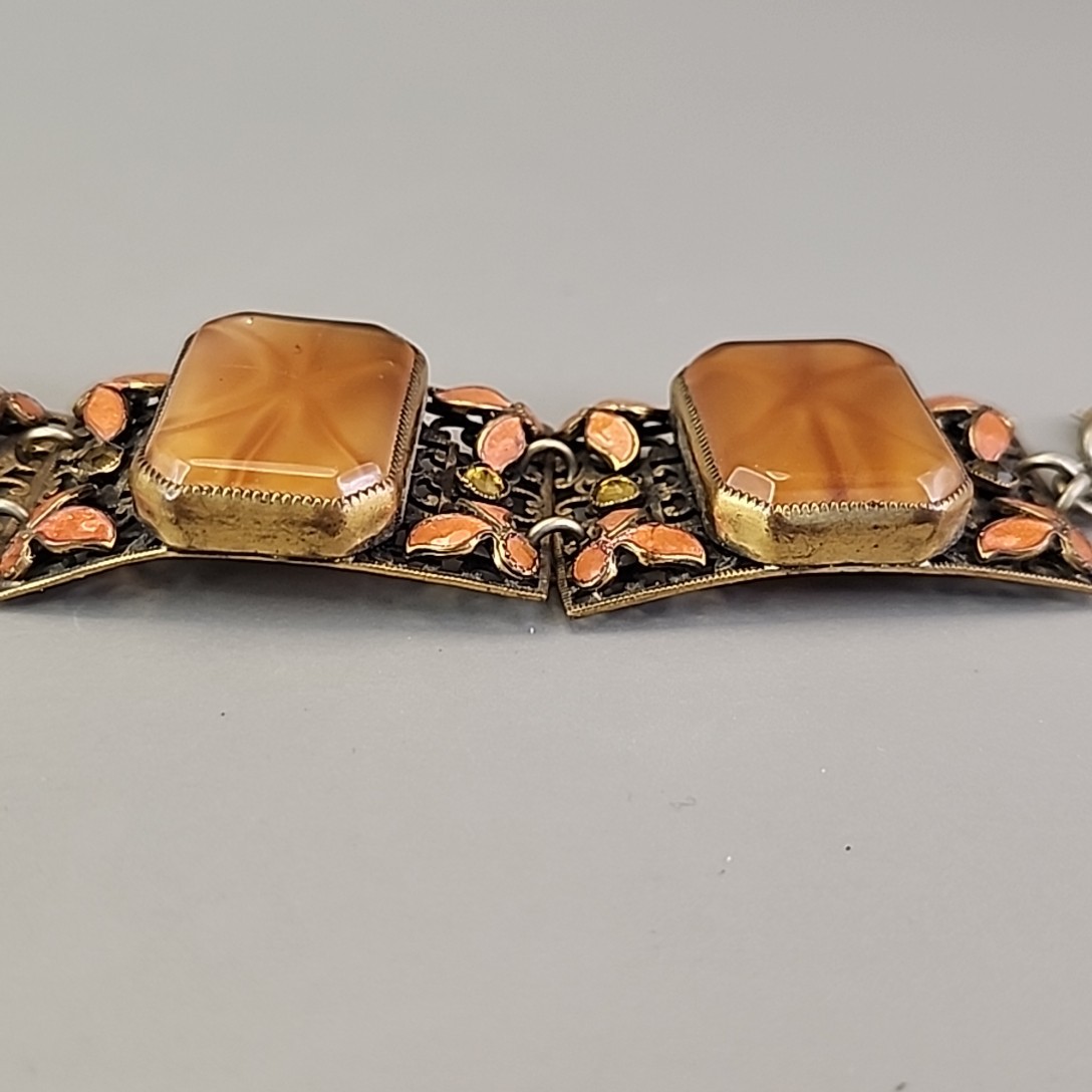 Vintage Panel Bracelet Brown Faux Star Sapphire Peach Enamel Fall Autumn 7.25″