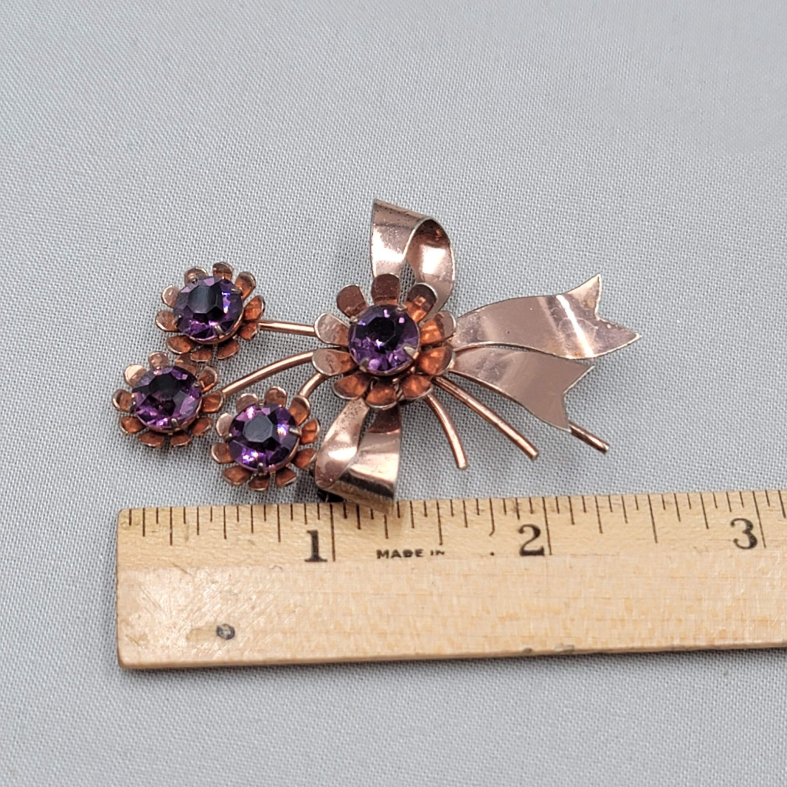 Vtg Sterling Silver Flower Pin Brooch Purple Rhinestone Rose Gold Vermeil 2.5″