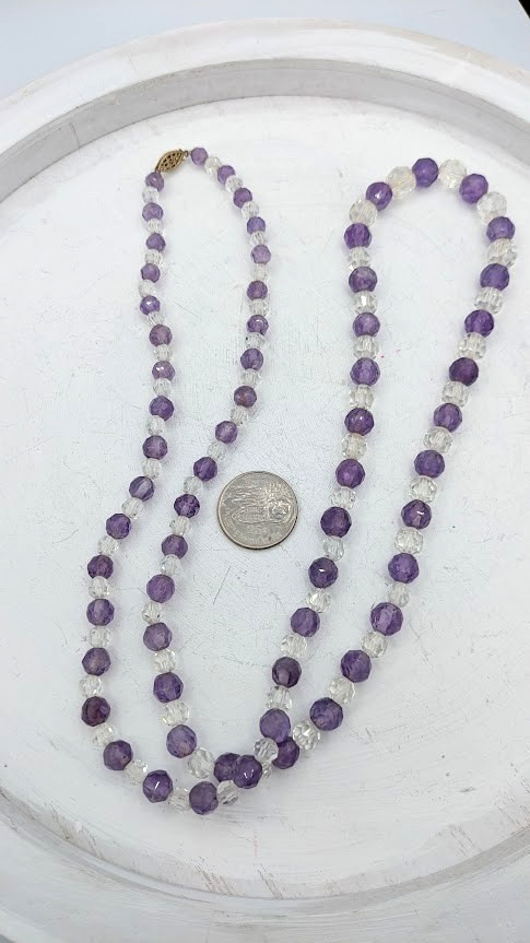 Vintage Amethyst Crystal Beaded Necklace Sterling Vermeil Clasp 32 Inch