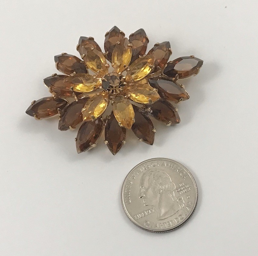 Vintage Gold Tone Crystal Fall Colors Layered Flower Brooch Pin. #936