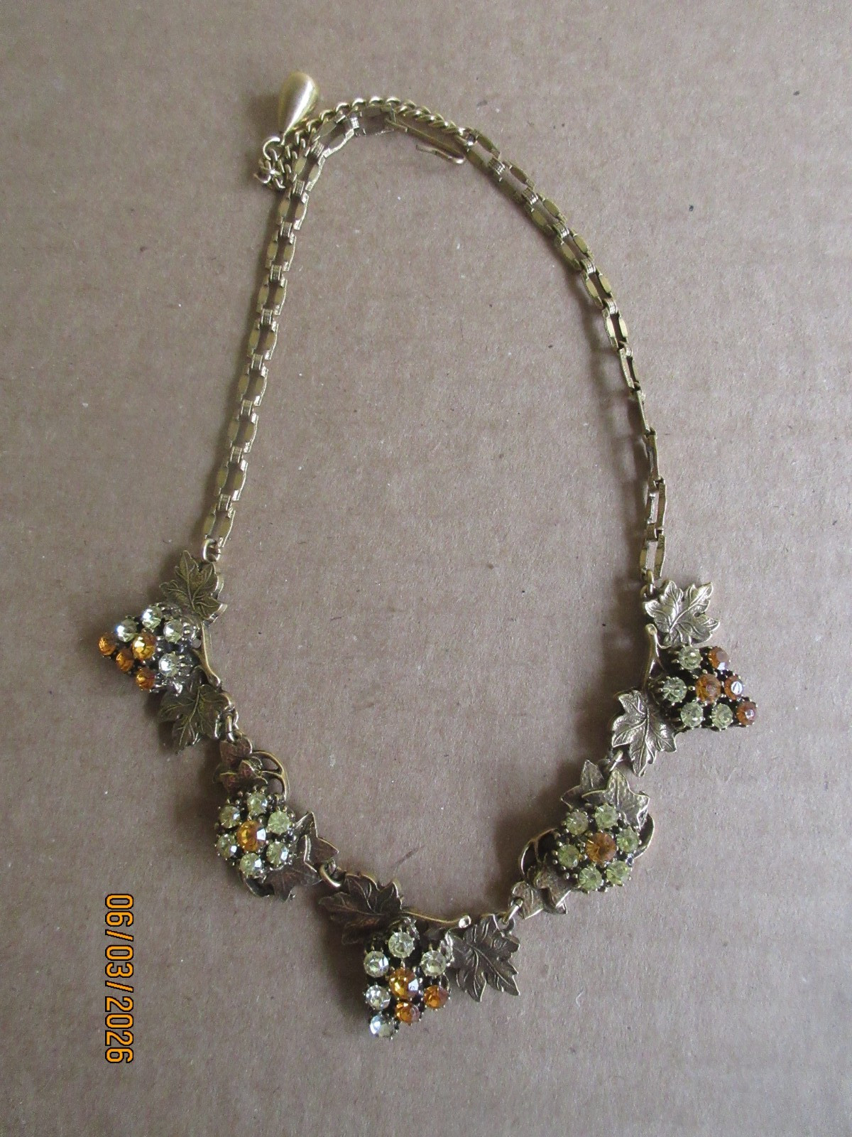 Vintage Unsigned Rhinestone Grape Cluster & Leaves Necklace