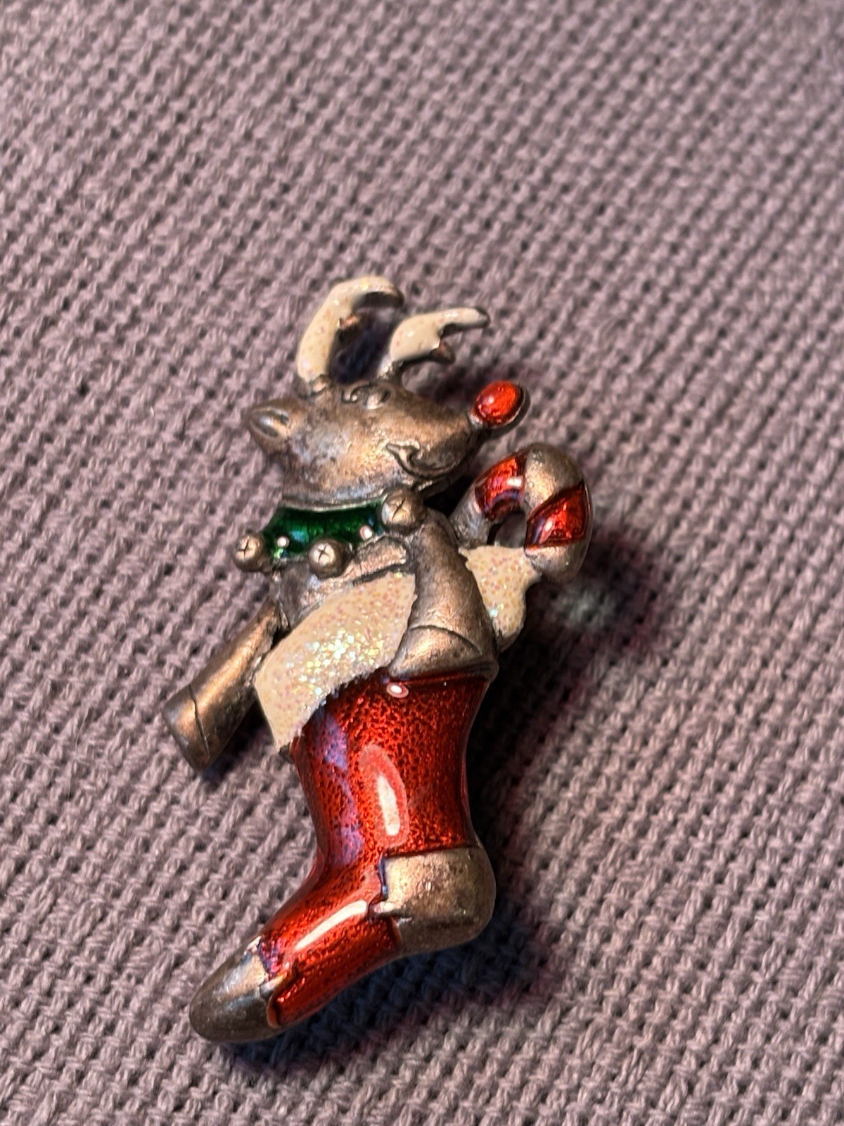 Collectible Vintage Christmas Reindeer Stocking Brooch Pin