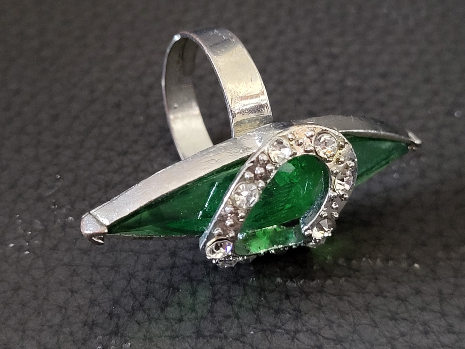 Vintage Statement Ring. Large Green and small clear stones. Adjustable Size 8