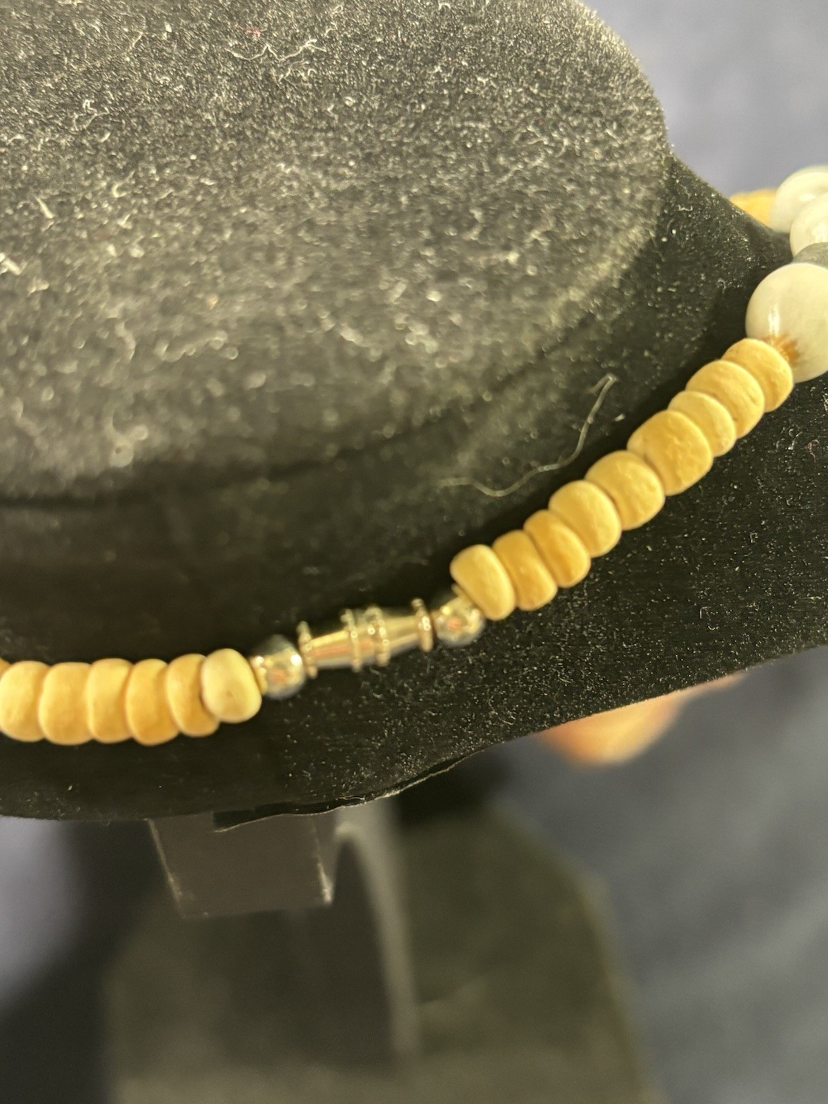 Vintage Wood Brown, White Ceramic, & Black Beaded Necklace
