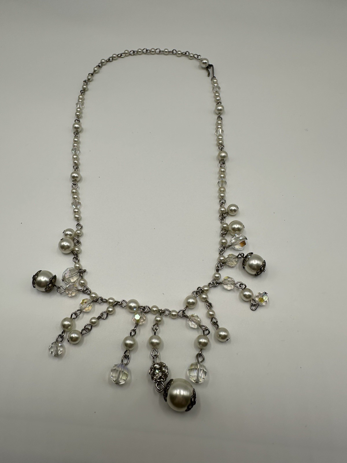 Vintage Faux Pearl AB Acrylic Crystal Fringe Bridal Necklace 16”