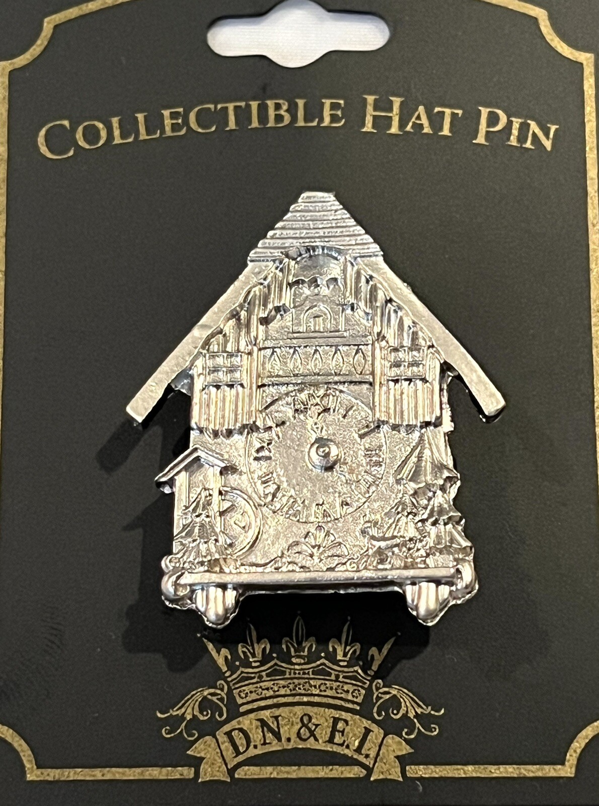 Silver Metal Pinback Brooch Collectible Hat Pin Clock Dial Face House DN & EI