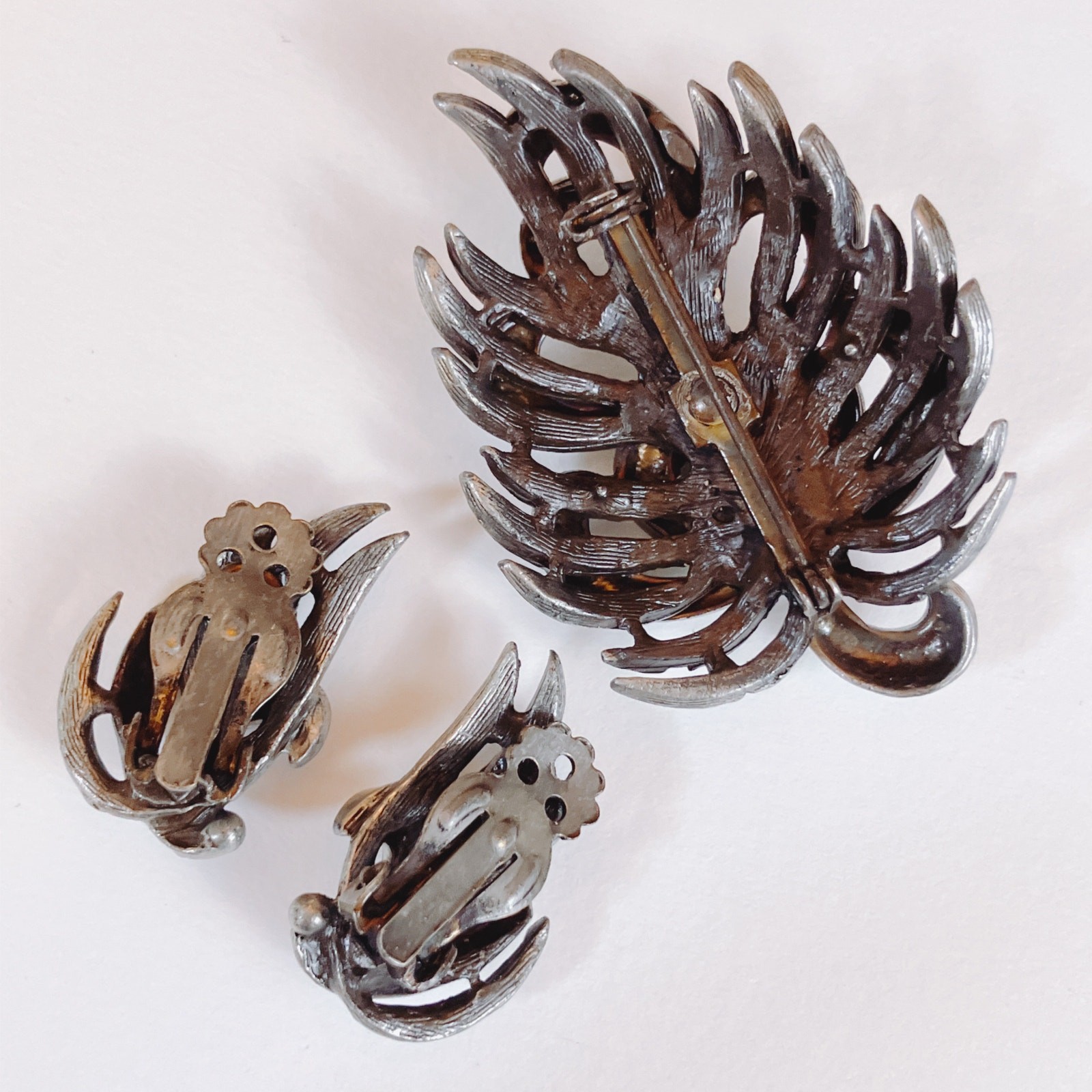 VTG Mid Century 44g Silver Brooch Earrings Set Layered Modernist 50s Jewelry