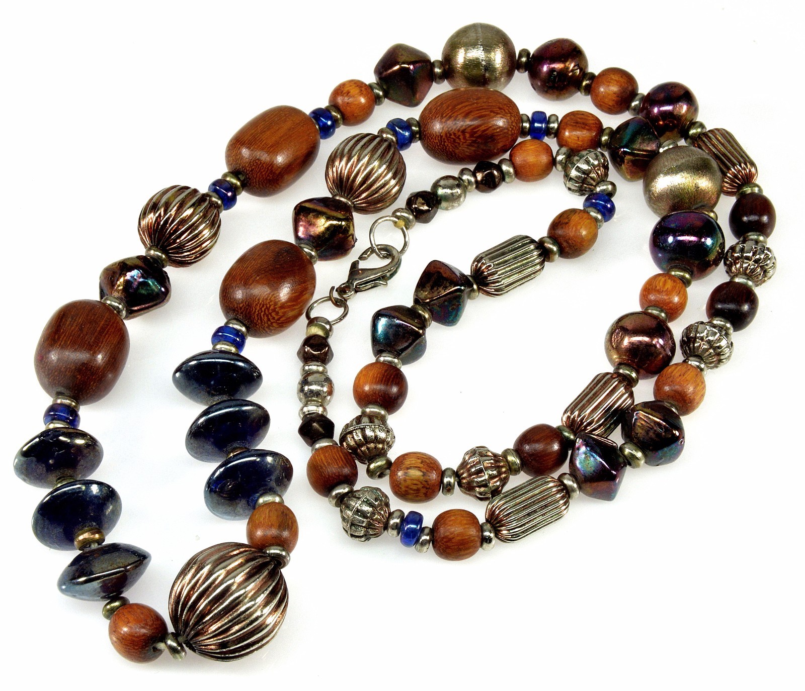 VTG ART GLASS CERAMIC WOOD METAL BEAD NECKLACE 34″ C.1980