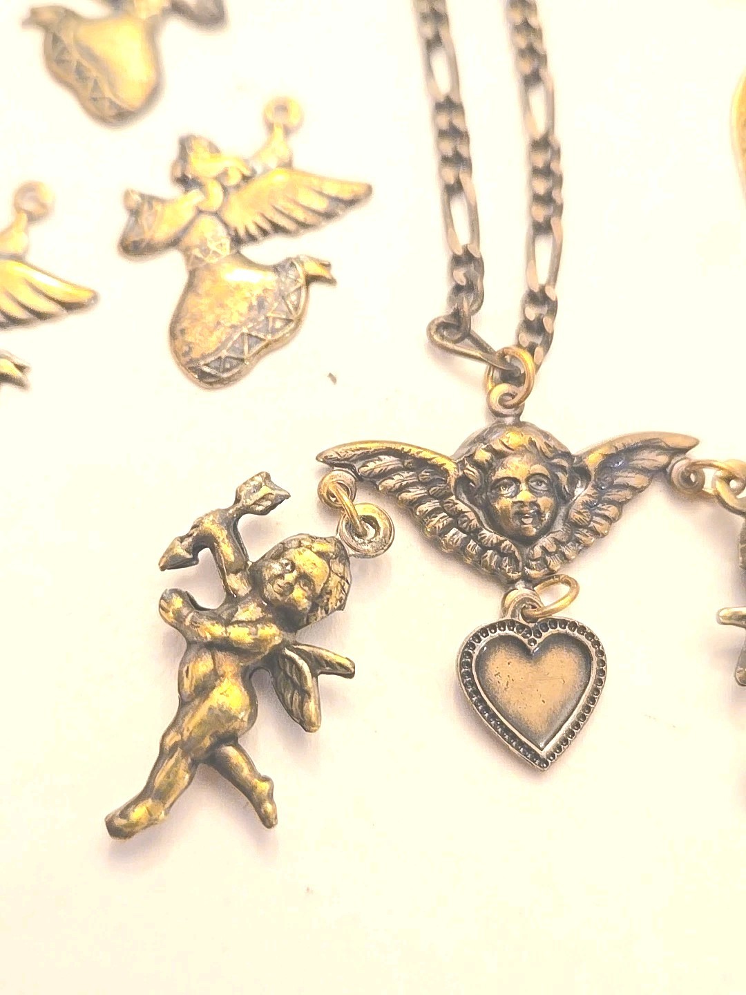Vintage Cherub Heart Charm Lot Statement Necklace Victorian Revival Romantic