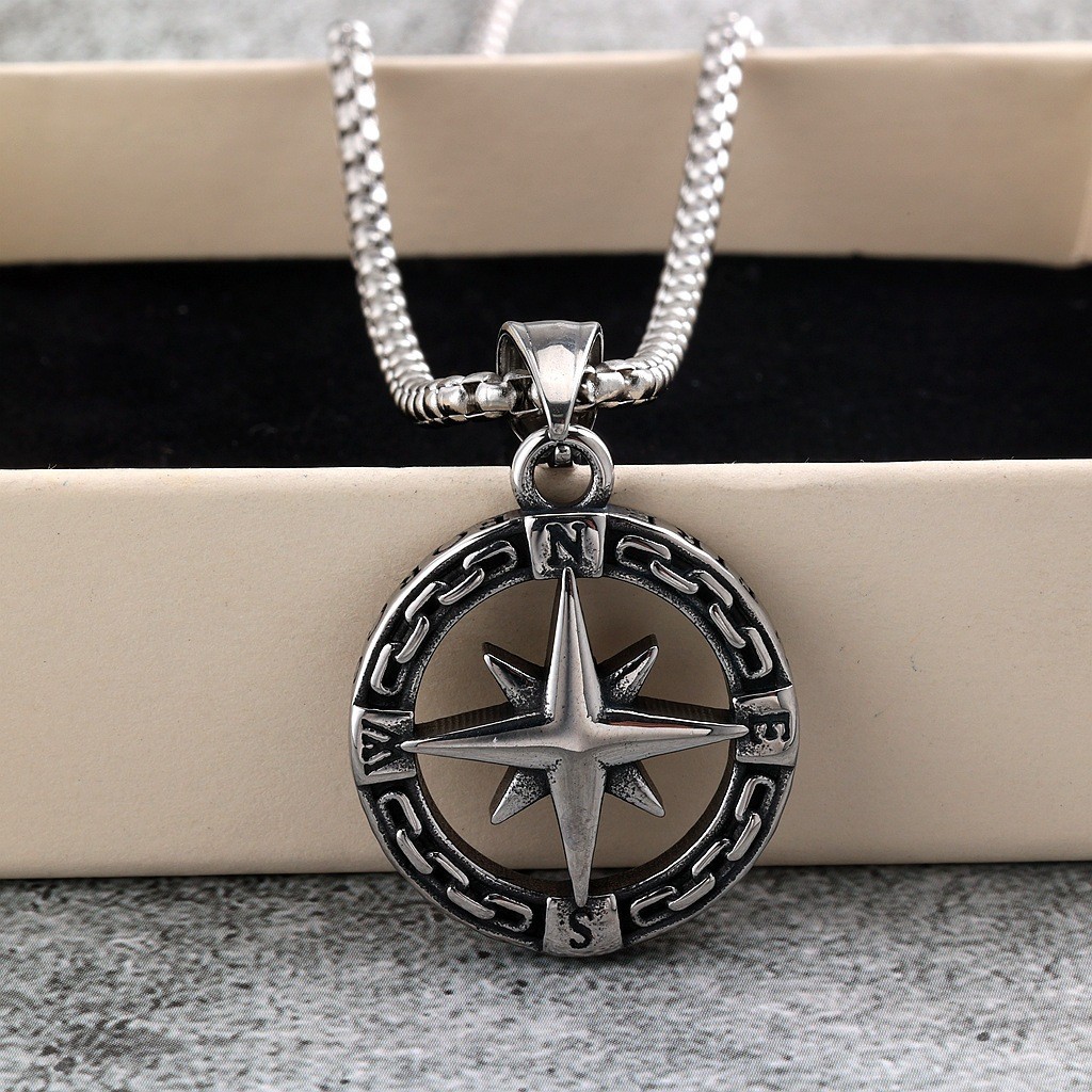 Stainless steel men’s and women’s single-sided compass pendant necklace