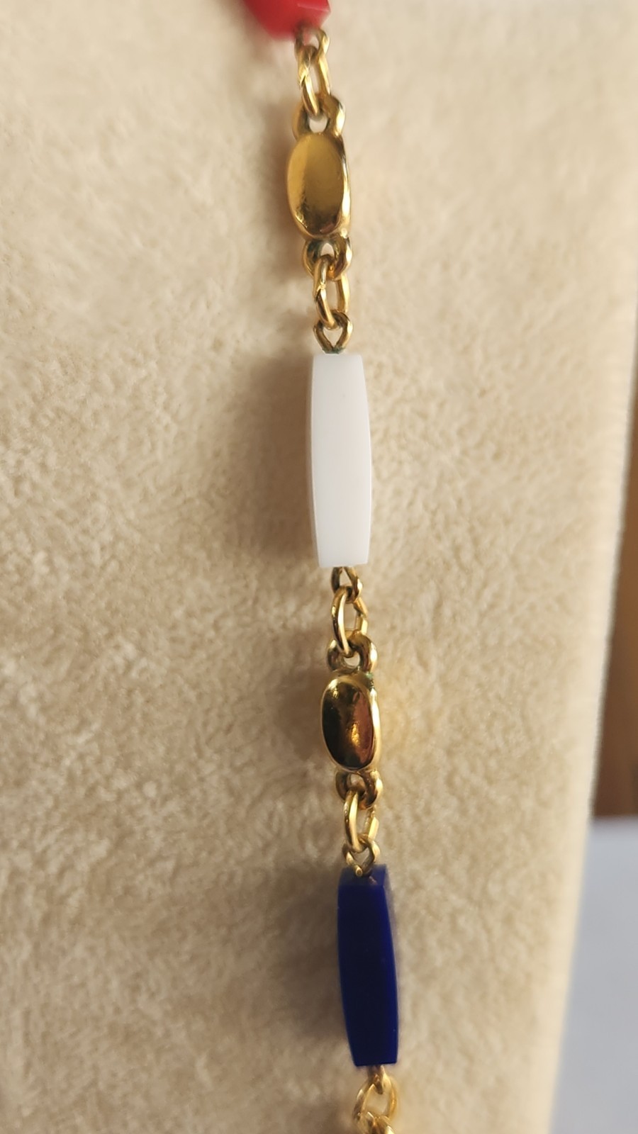 Trifari Necklace Clip On Earrings gold-tone Red, White & Blue Plastic Beads