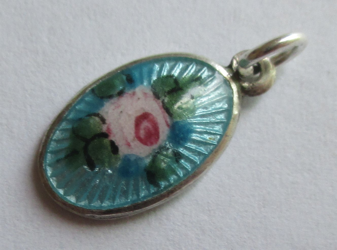 9/16in SMALL VINTAGE STERLING SILVER BLUE GUILLOCHE ENAMEL ROSE FLOWER CHARM