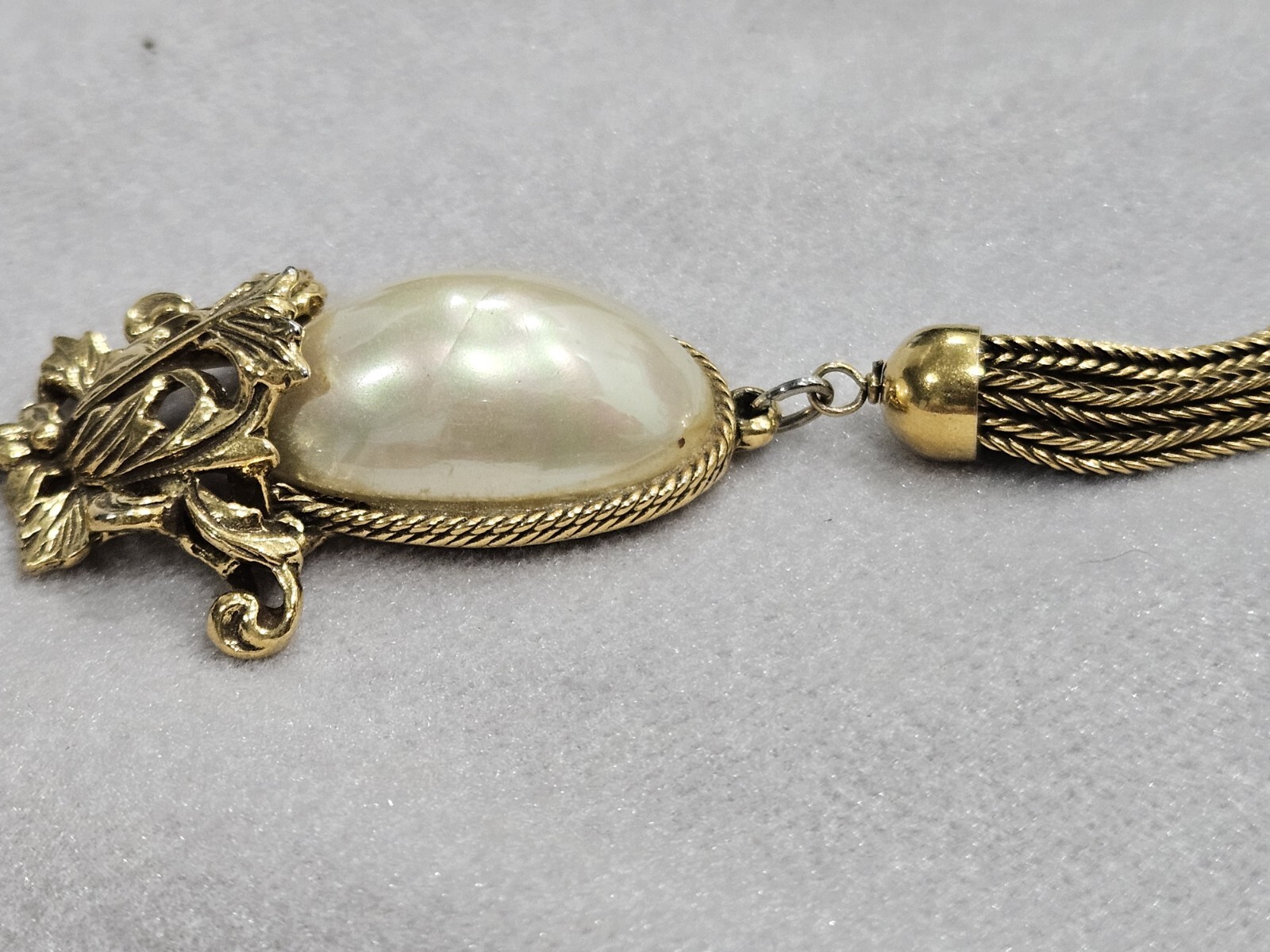 Vintage Goldette White Faux Pearl Dangle Fringe Victorian Revival Necklace 60’s