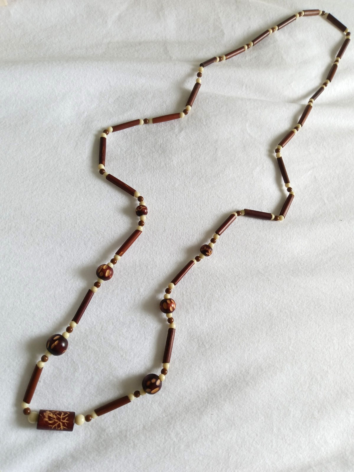 Vintage Wood Bead Necklace Boho Tribal Earth Tone Handmade Artisan 30″ Necklace