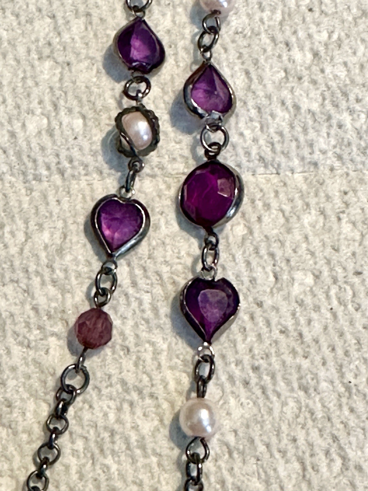 Vintage Purple White Pink Multi Shape Size Beaded Black Chain 48” Necklace