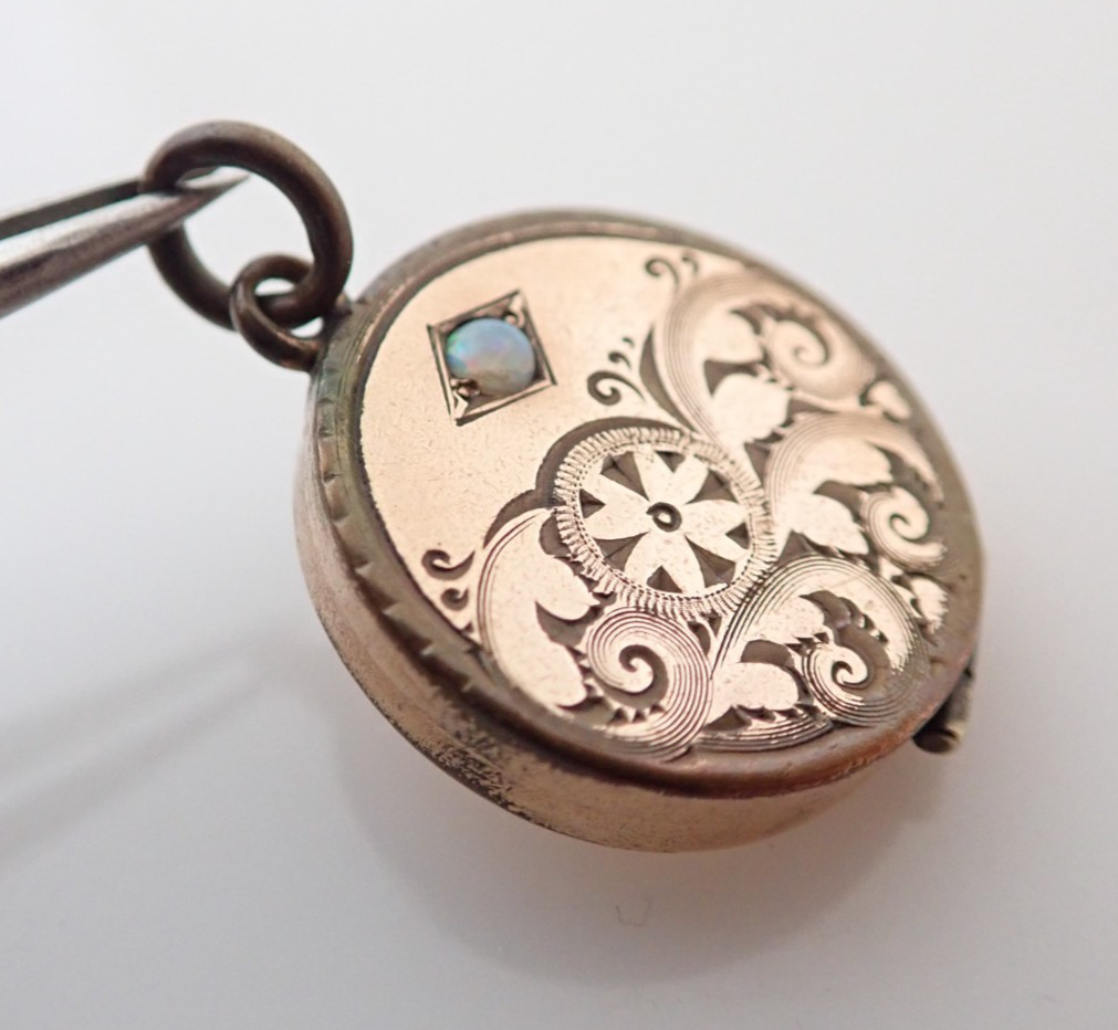 Antique SKM & Co Gold Filled Etched Opal Photo Locket Fob Pendant Necklace