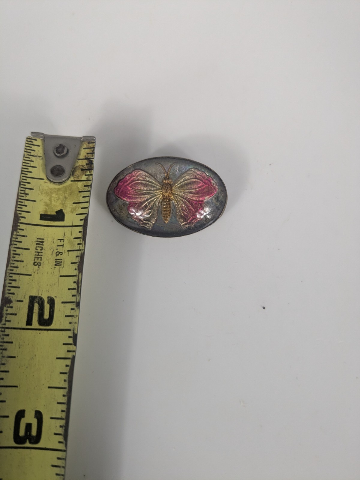 Vintage Domed Glass Butterfly Brooch Brass Base Reverse Painted Goofus Glass