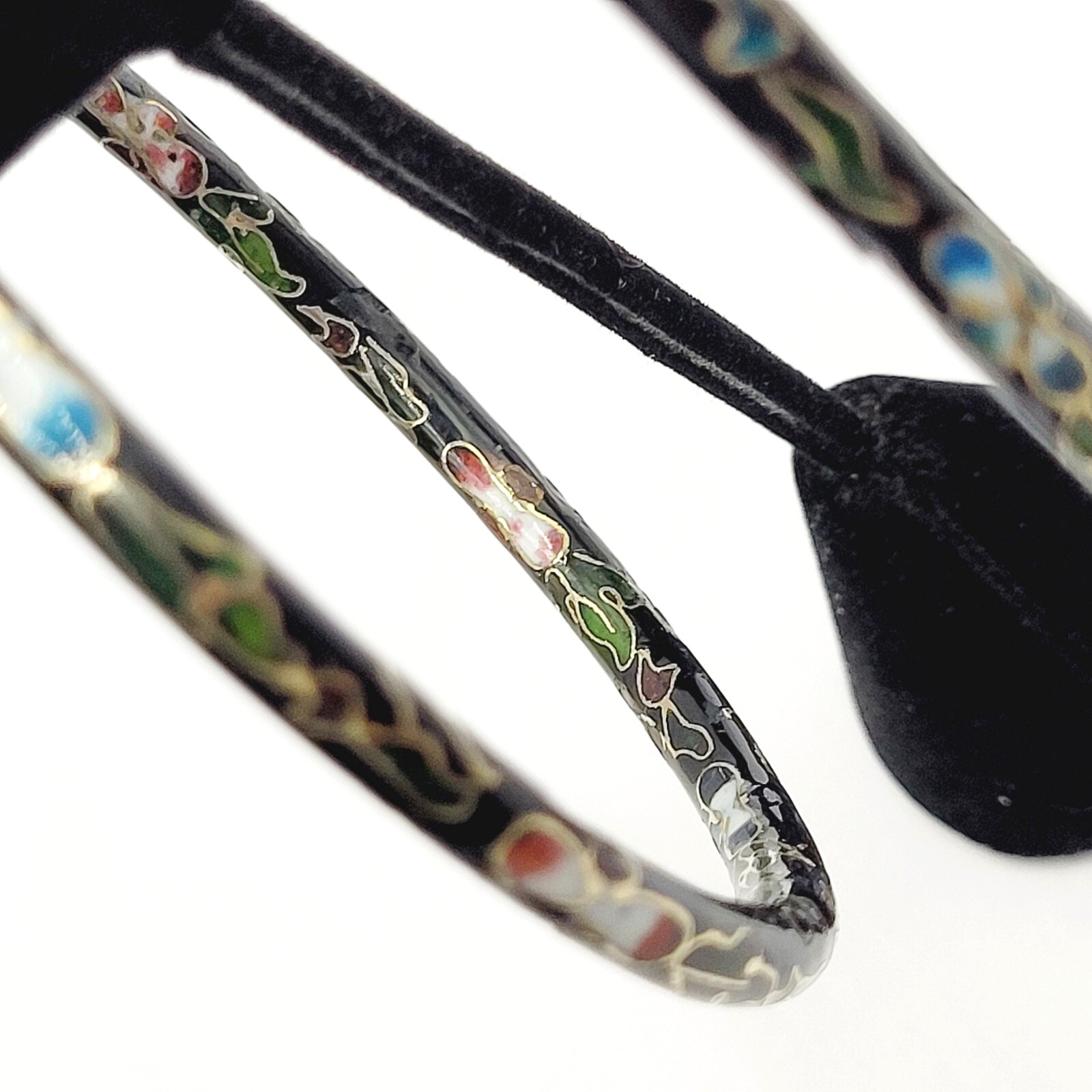 2 Cloisonné Asian Inspired Black Dark Shiny Floral Hand Painted Bangle Bracelet