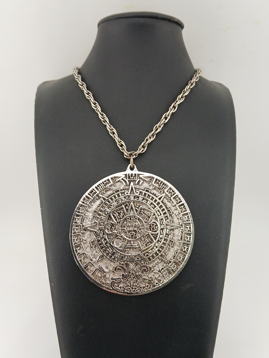 TORTOLINI 1960s silver tone Aztec Calendar textured design medallion necklace