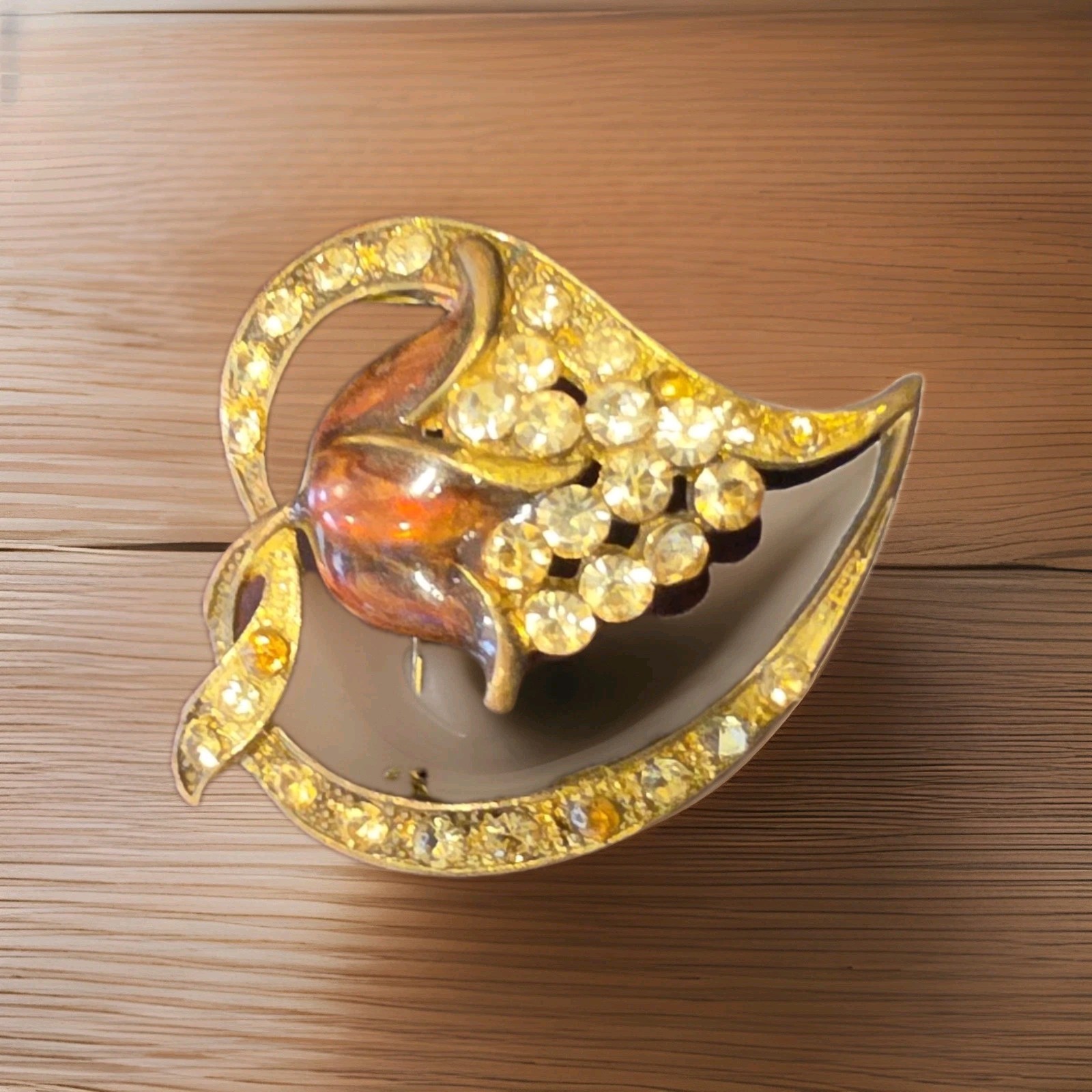 Vintage Gold Tone Tulip Grape Cluster Rhinestone Brooch Pin Enamel Crescent