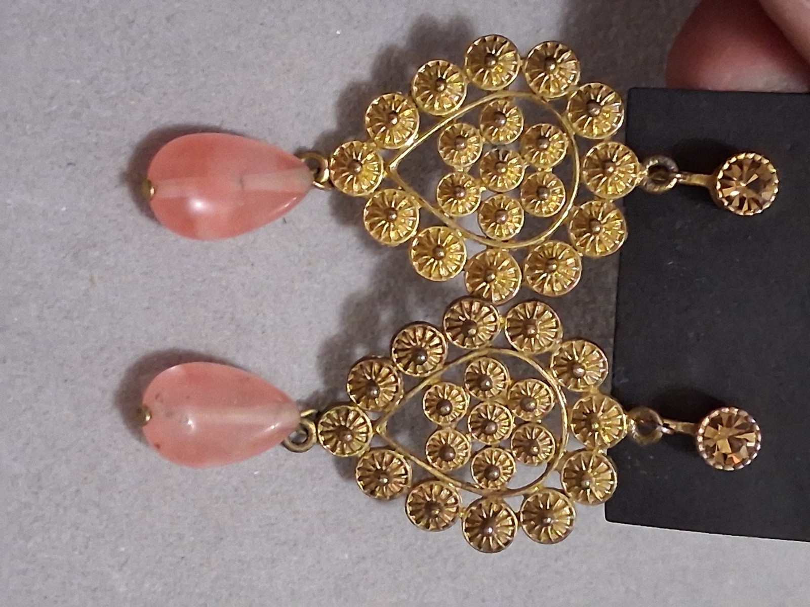Vintage pink glass dangle drop stone ornate goldtone adjustable clip-on earrings