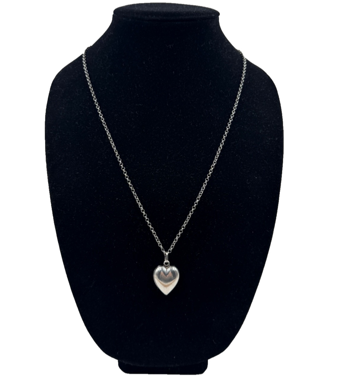 OLD VICTORIAN PUFFY HEART PENDANT ON ROUND LINKS CHAIN STERLING SILVER NECKLACE