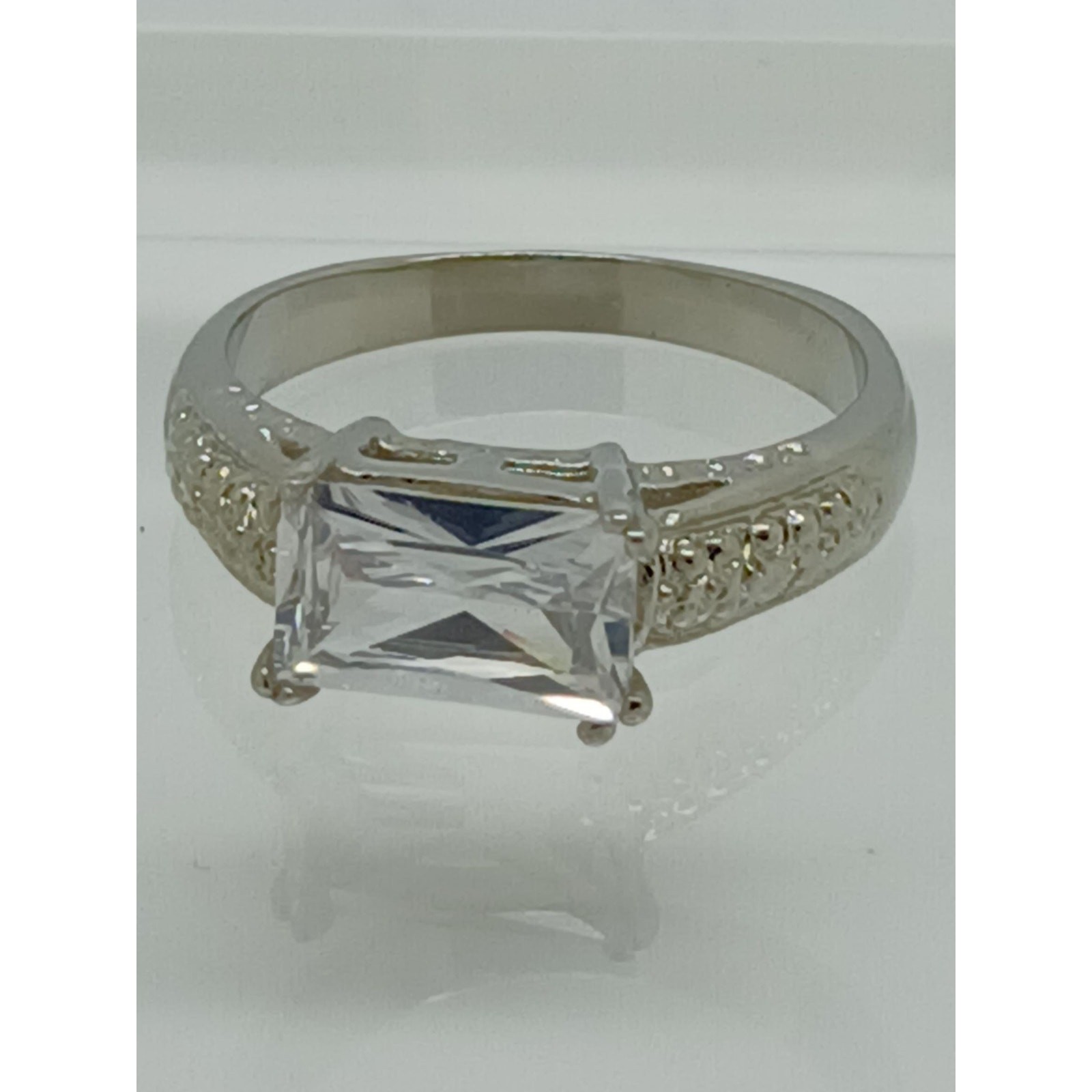 Vintage White Gold Plated CZ Engagement Ring 3.0 Carat Radiant Cut Stone Size 9