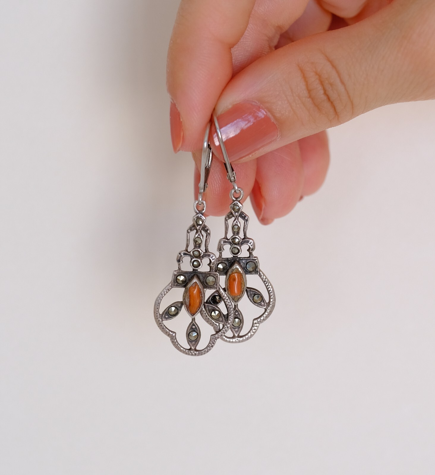 Art Deco Coral & Marcasite Dangle Lever Back Sterling Silver Earrings