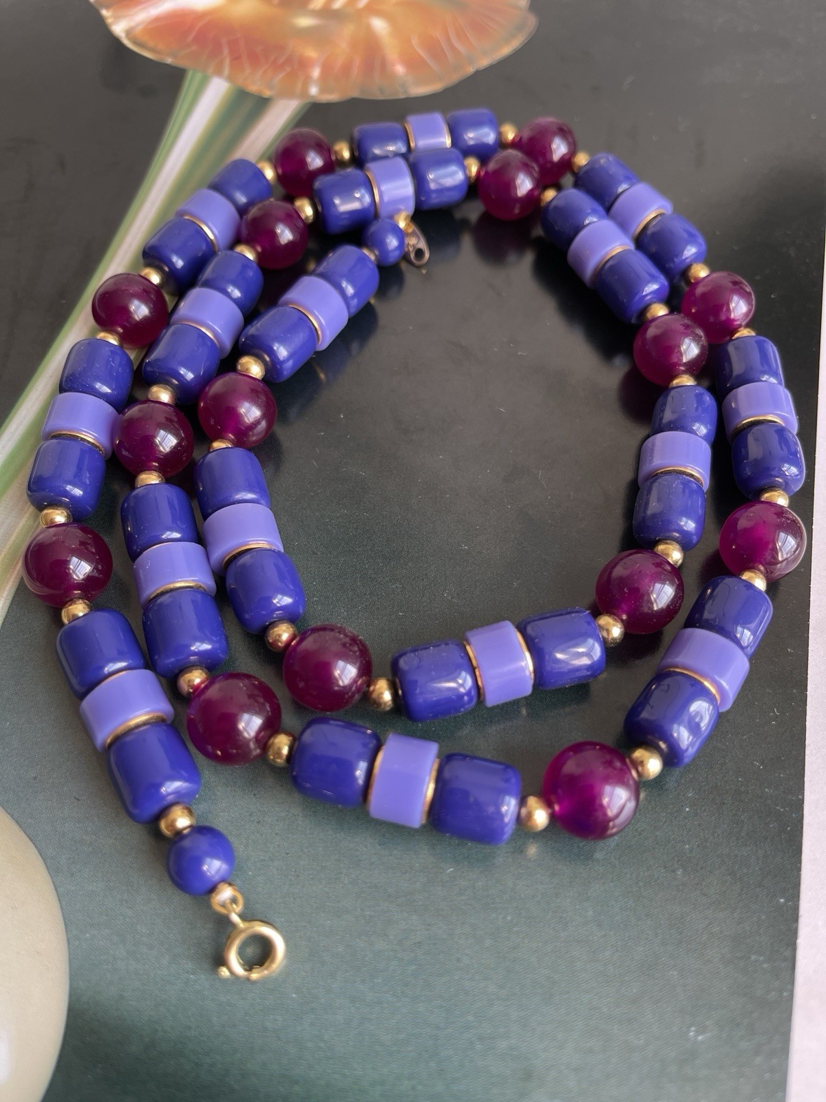 Vintage Signed Trifari Blue &Purple Beaded Necklace